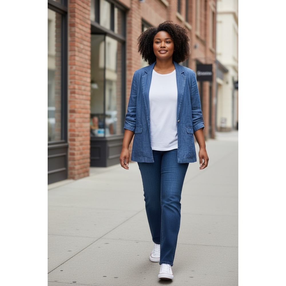 (J-272) AnyBody Denim Lyocell Blazer Jacket Large Blue QVC New with Tags Stretch